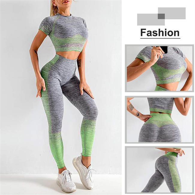 Women 2 Piece High Waist Seamless Leggings and Crop Top Yoga Outfit